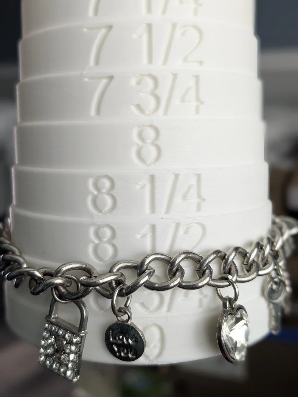 Silver Tone Charm Bracelet with Rhinestone Lock, Key & Heart Charms Adjustable